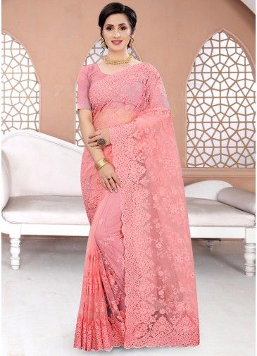 Peach Embroidered Heavy Border Saree With Blouse