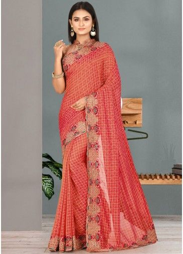 Red Embroidered Silk Saree With Blouse