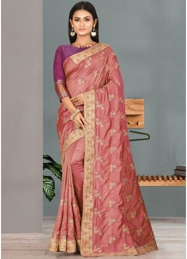 Pink Laced Broder Silk Saree With Blouse