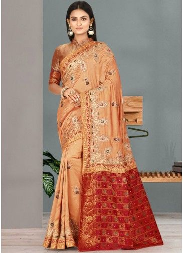 Orange Embroidered Silk Saree With Blouse