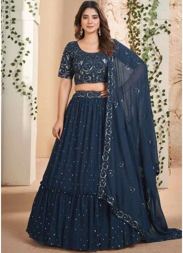 Blue Tiered Style Georgette Lehenga Choli In Thread Embroidery