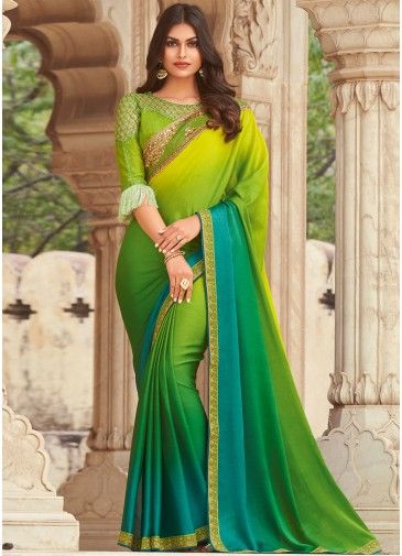 Green and Yellow Shaded Saree With Heavy Blouse