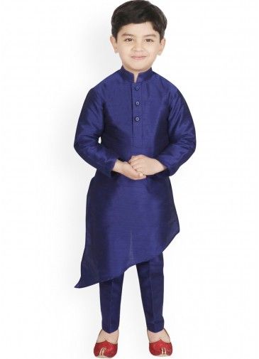 Blue Readymade Kids Kurta Pajama In Asymmetric Style