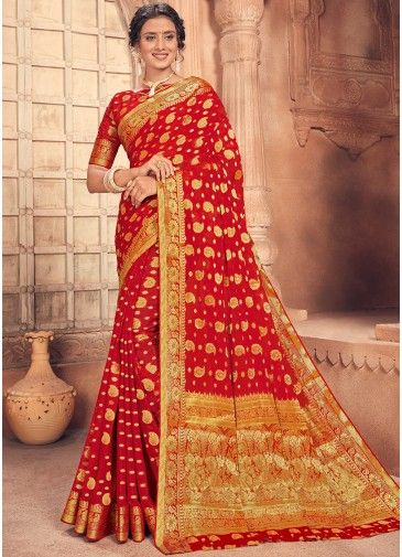 Red Zari Embroidered Heavy Pallu Saree In Silk