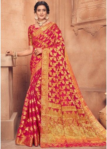 Zari Embroidered Pink Silk Saree With Blouse