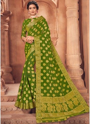 Embroidered Heavy Green Saree With Silk Blouse