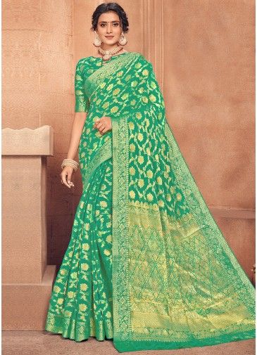 Zari Embroidered Heavy Silk Saree In Green