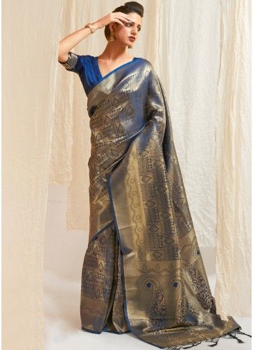 Blue Woven Art Silk Saree With Blouse