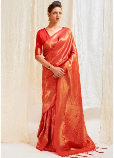 Orange Art Silk Woven Saree With Blouse