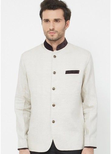 White Readymade Linen Bandhgala Jodhpuri Jacket