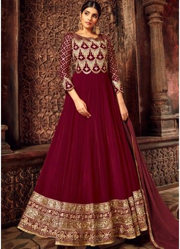 Maroon Embroidered Anarkali Suit With Dupatta