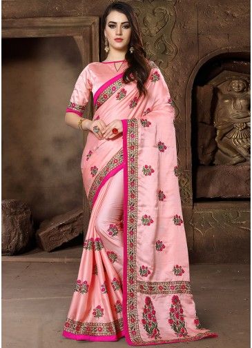 Peach Floral Embroidered Saree With Blouse