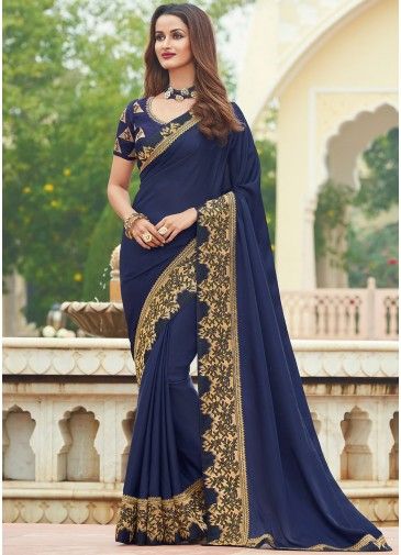 Thread Embroidered Heavy Border Saree In Blue