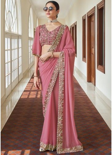 Pink Beads Work Saree In Georgette