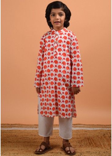 White Readymade Kids Printed Cotton Kurta Pajama