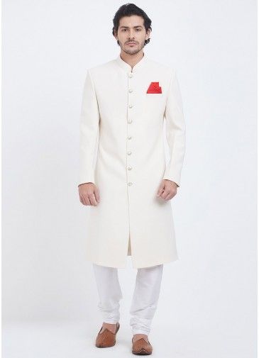 White Art Silk Readymade Achkan Sherwani