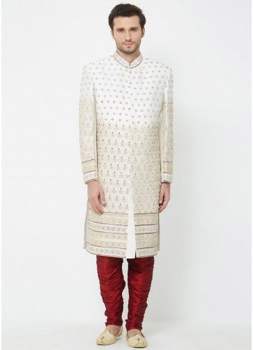 White Embroidered Readymade Silk Sherwani