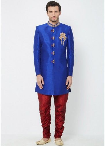 Royal Blue Readymade Silk Sherwani With Breeches