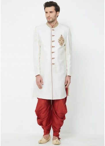 White Silk Readymade Sherwani With Dhoti