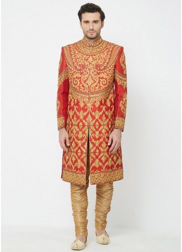 Red Groom Embroidered Sherwani With Breeches
