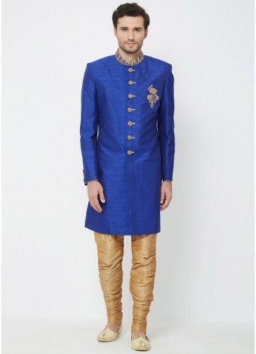 Royal Blue Art Silk Readymade Sherwani With Breeches