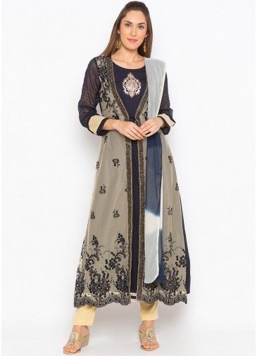 Readymade Navy Blue Jacket Style Pant Salwar Suit