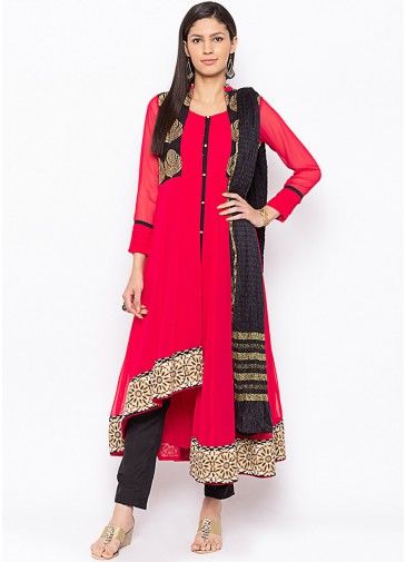 Red Asymmetric Readymade Pant Salwar Suit