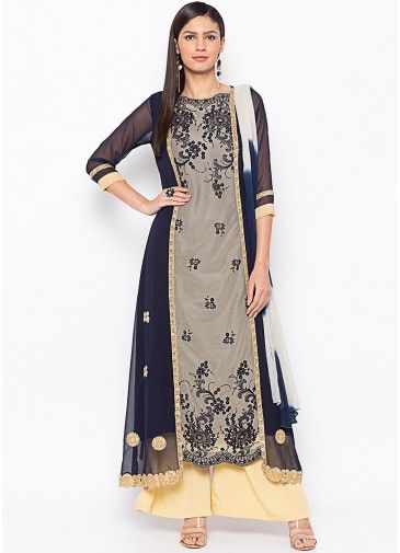 Navy Blue Embroidered Readymade Palazzo Suit