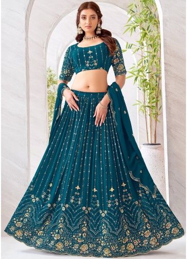 Teal Blue Readymade Embroidered Lehenga Choli In Georgette