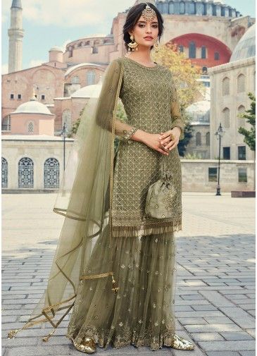 Green Embroidered Net Gharara Suit With Dupatta
