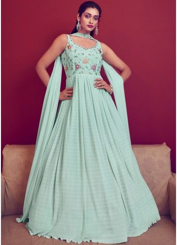 Green Readymade Embroidered Gown & Dupatta