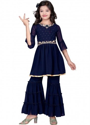 Blue Kids Readymade Sharara Style Salwar Kameez