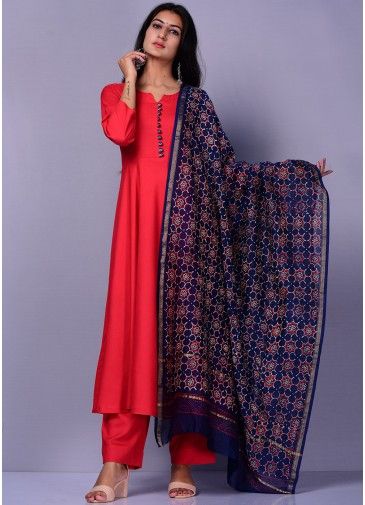 Red Readymade Palazzo Suit With Printed Dupatta