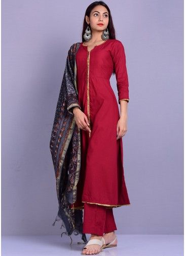 Maroon Readymade Slit Palazzo Suit With Printed Dupatta
