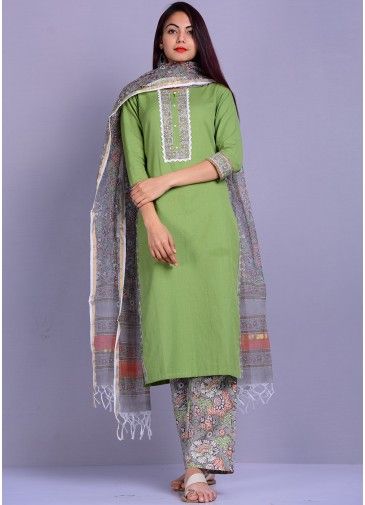 Green Readymade Linen Pant Salwar Suit