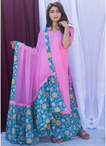 Pink Readymade Palazzo Suit With Frilled Dupatta