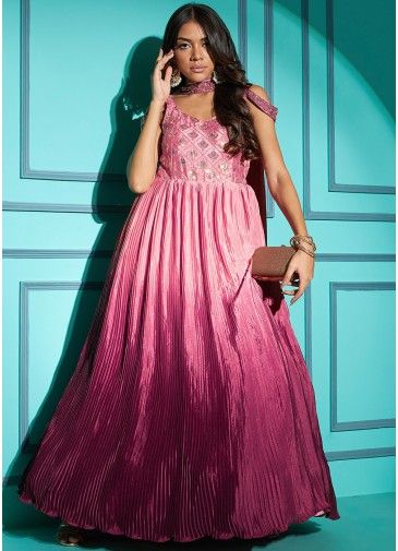 Pink Chiffon Gown With Dupatta