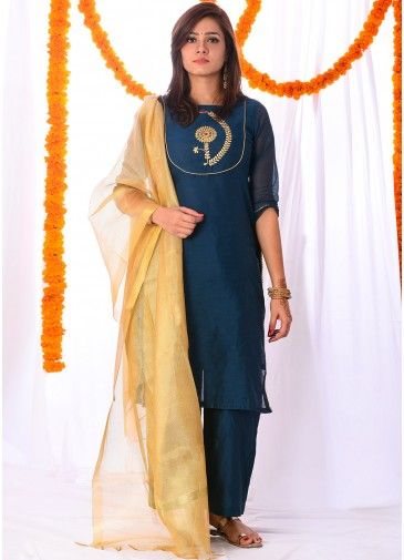 Blue Chanderi Readymade Palazzo Suit With Dupatta