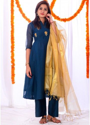 Readymade Blue Chanderi Embroidered Palazzo Suit