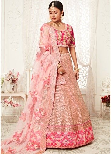 Light Pink Sequins Embroidered Net Bridal Lehenga Choli