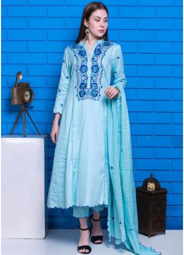 Blue Cotton Readymade Embroidered Pant Salwar Suit