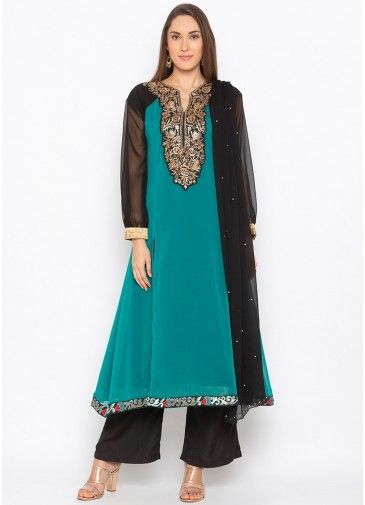 Green Embroidered Asymmetric Readymade Pant Salwar Suit
