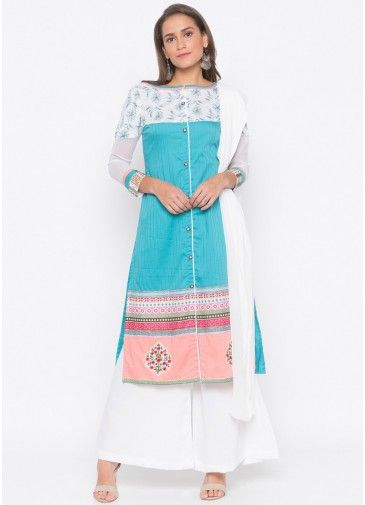 Readymade Turquoise Slit Style Printed Border Palazzo Suit