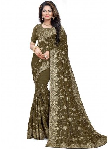 Green Embroidered Heavy Border Saree With Blouse
