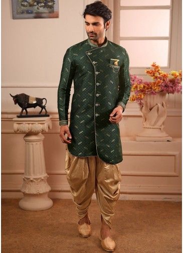 Green Art Silk Readymade Indo Western Sherwani