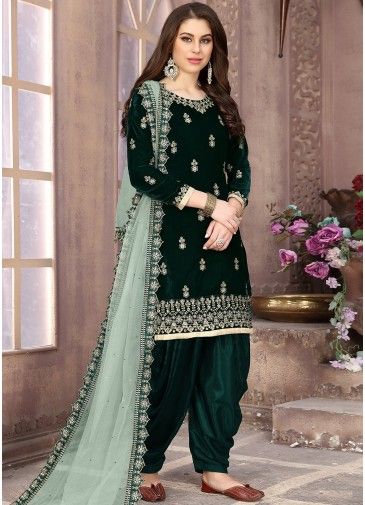 Green Embroidered Patiala Suit With Dupatta
