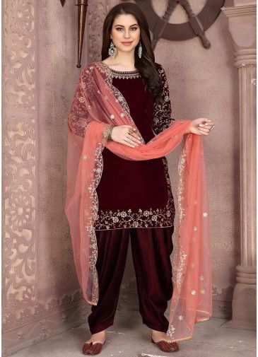 Maroon Embroidered Patiala Suit With Dupatta