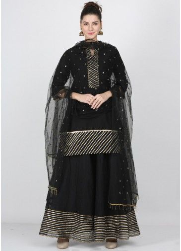 Black Readymade Chanderi Gota Patti Laced Sharara Suit