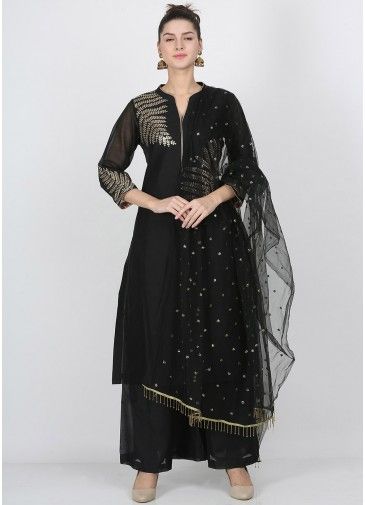 Black Embroidered Readymade Chanderi Palazzo Suit