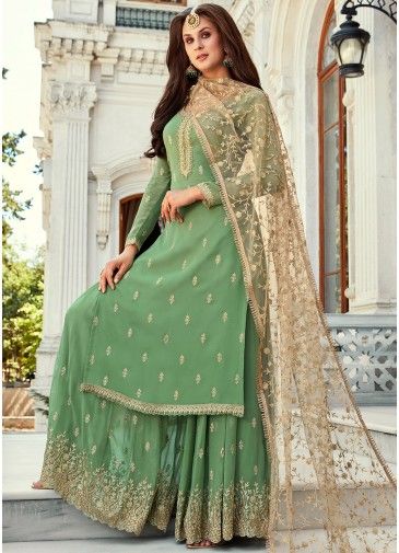 Green Georgette Embroidered Sharara Suit With Dupatta
